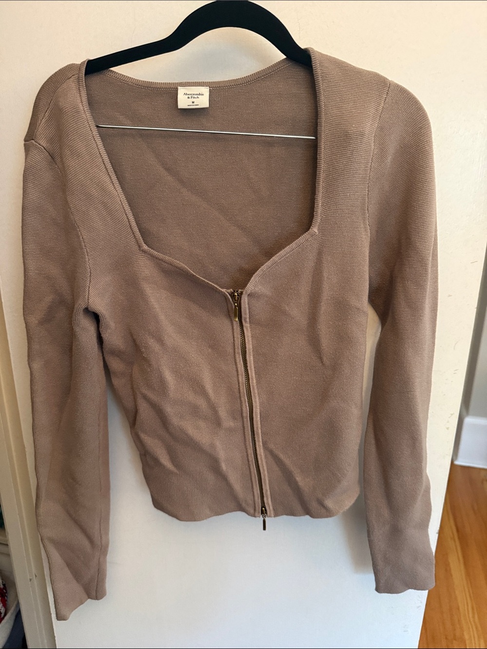 Abercrombie & Fitch Women's Taupe Zip-Front V-Neck Sweater